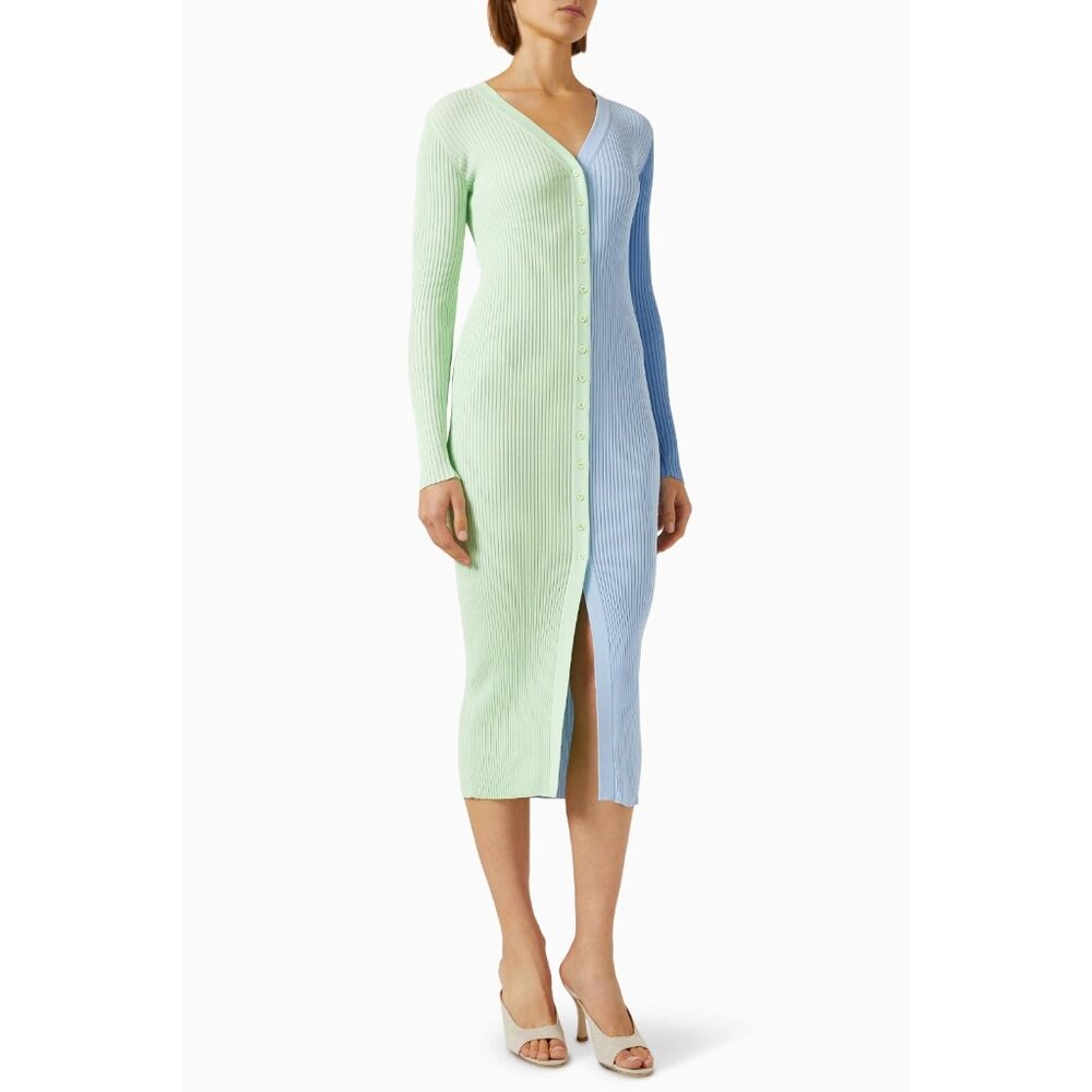 Staud Shoko Colorblock Ribbed Knit Sweater Dress Midi Blue Green Buttons Medium